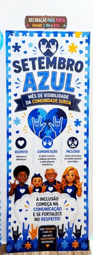 Painel de porta Setembro Azul com ilustrações sobre Libras e inclusão