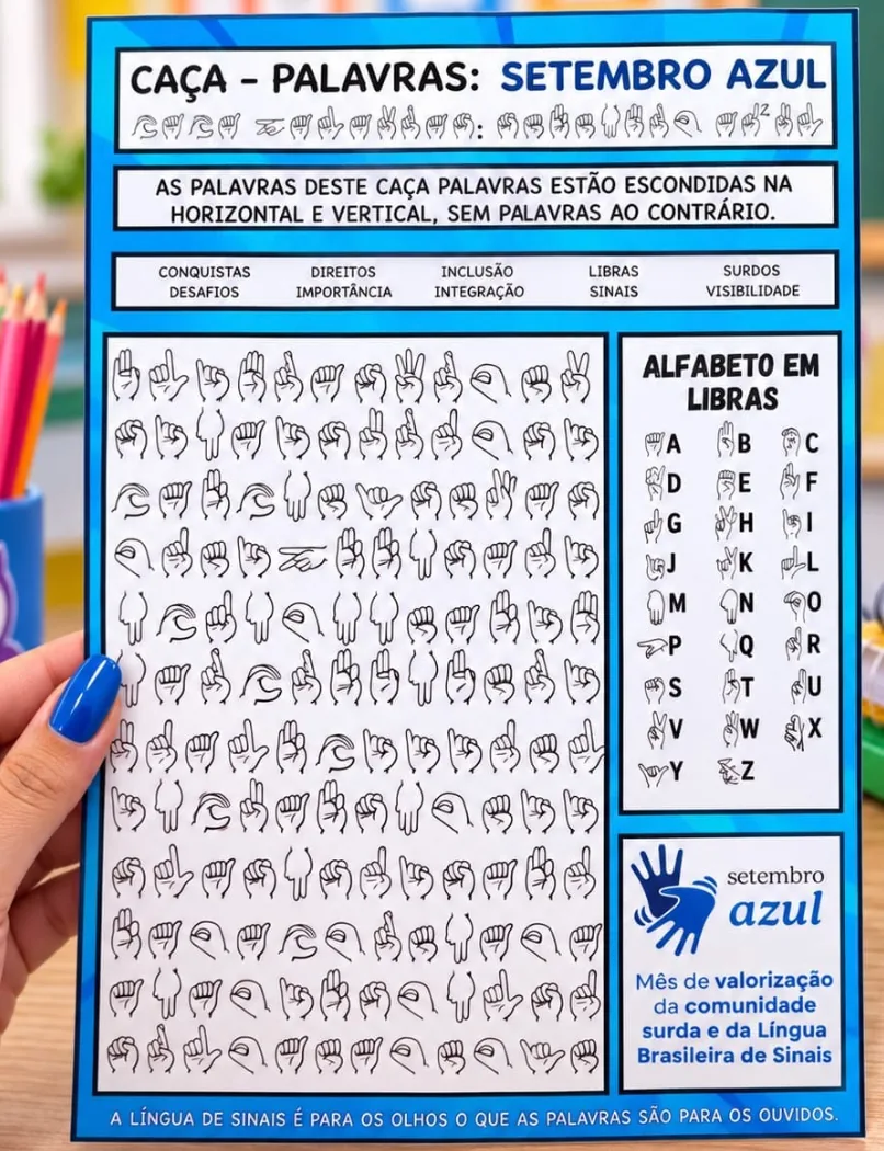 Caça-palavras Setembro Azul com alfabeto em Libras